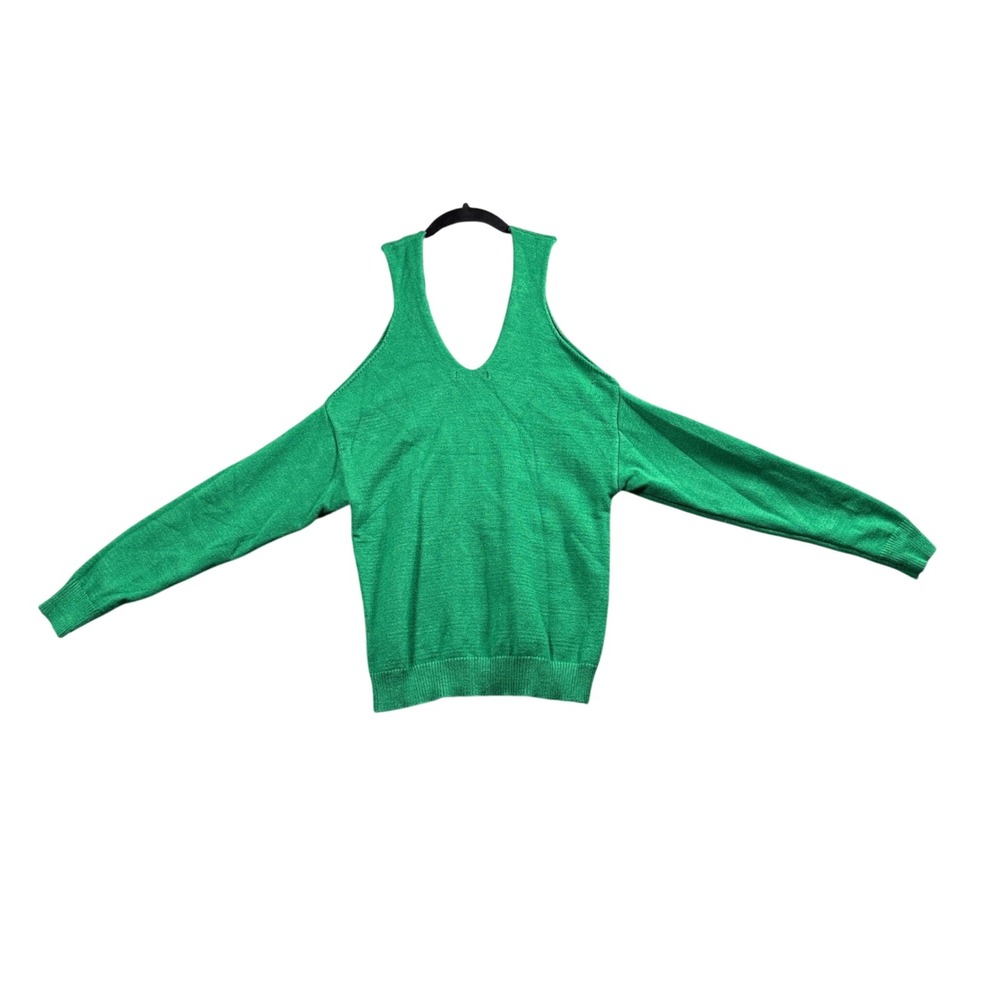 Angashion Cold Shoulder Halter Sweater Green Y2K Coquette Knit Top S